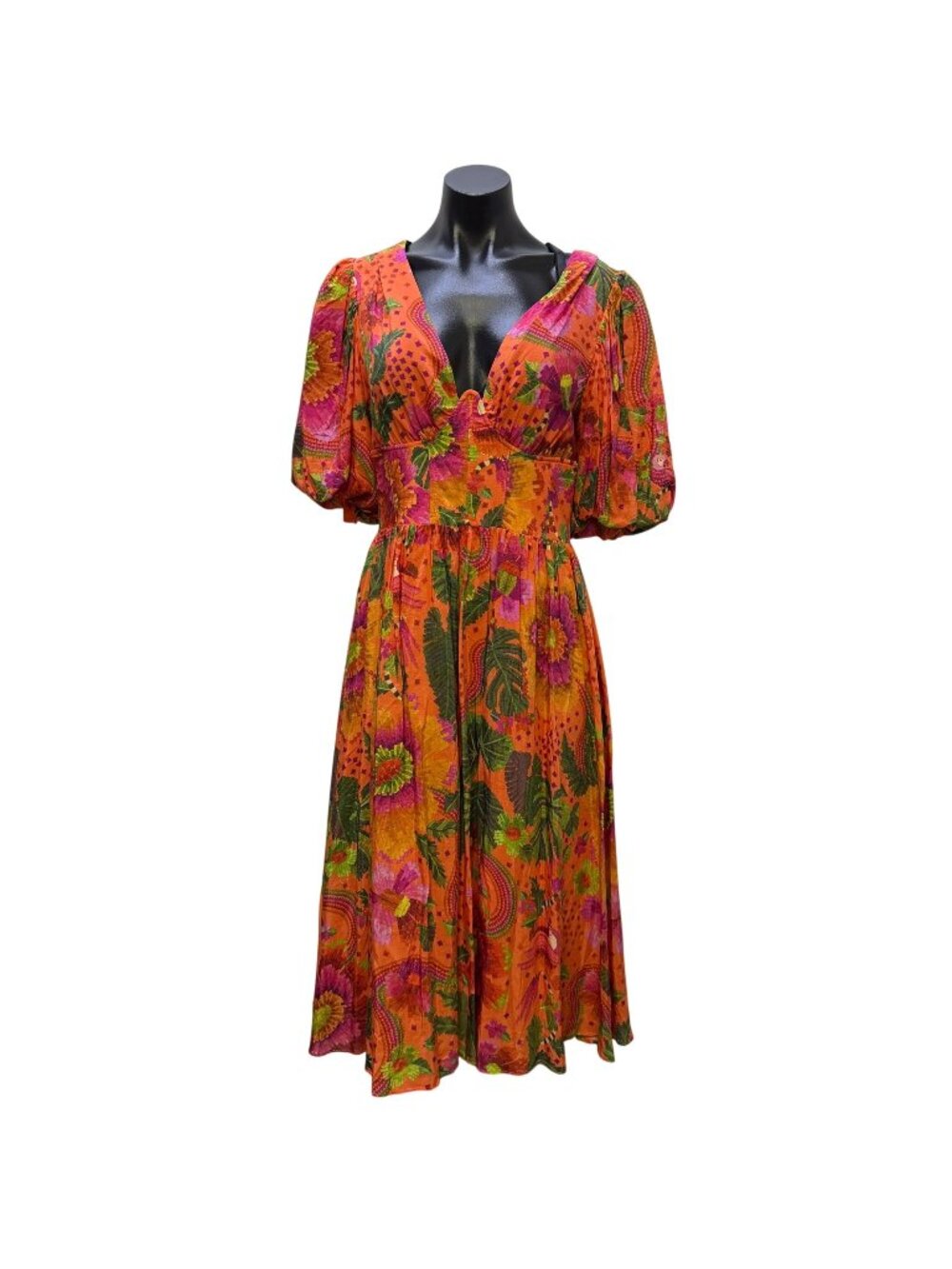 Farm Rio Orange Midi Dress Floral Pattern V-Neckline Puff Sleeves Open Back M